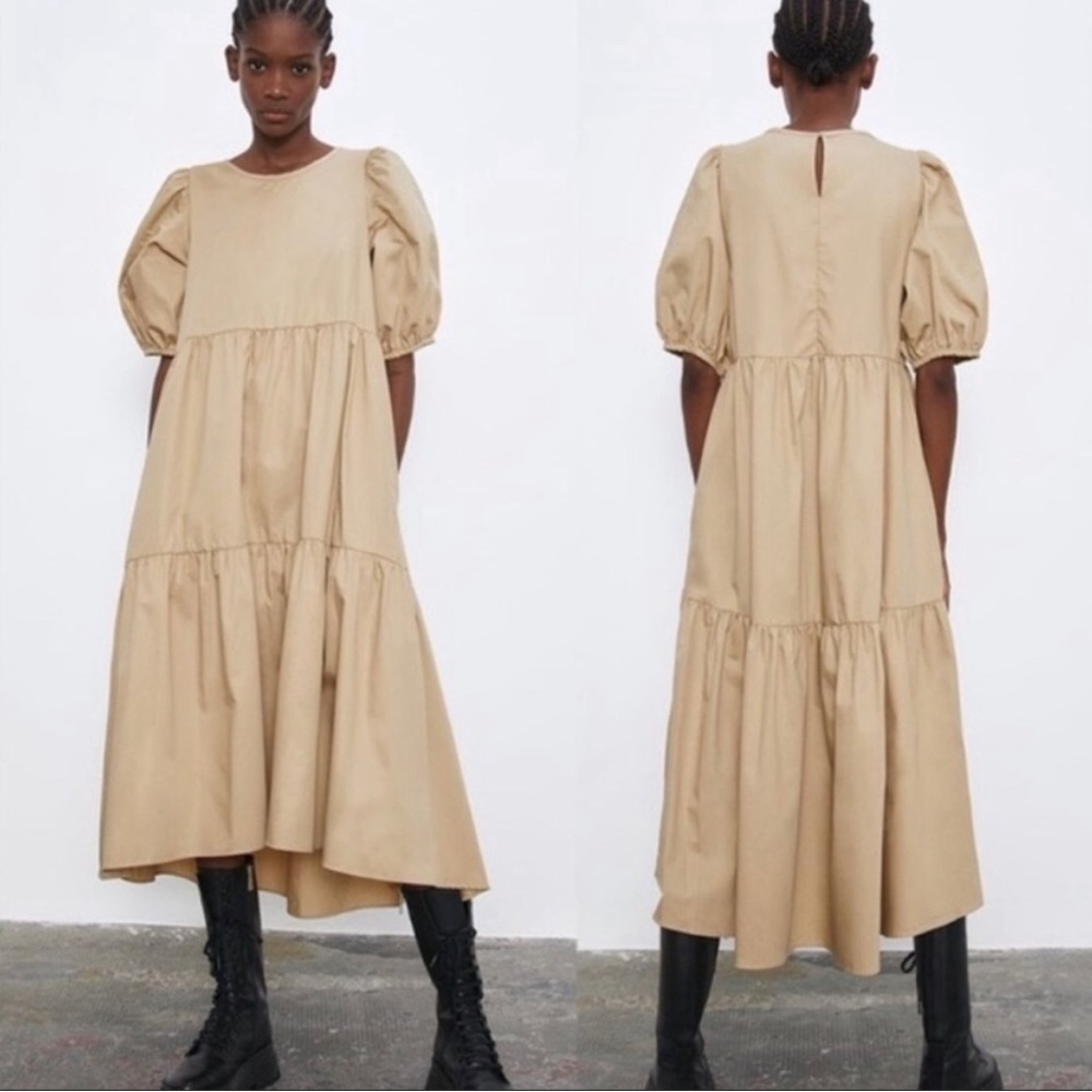 Zara Women’s Sz Large  Beige Puff Sleeve Cotton Tiered High Low Midi Dress